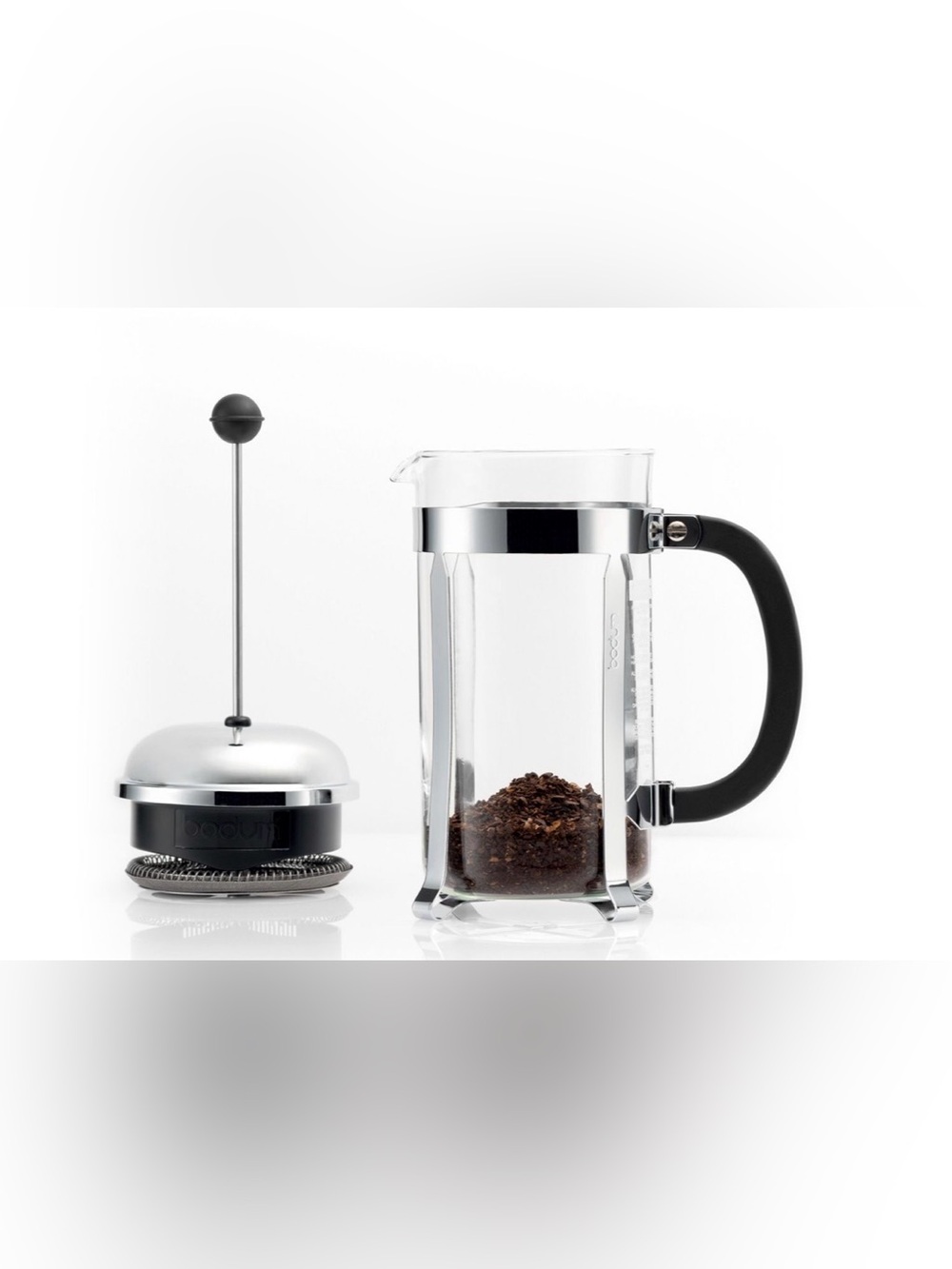 Bodum Clear Glass French Press with Black Handle and Silver Accents